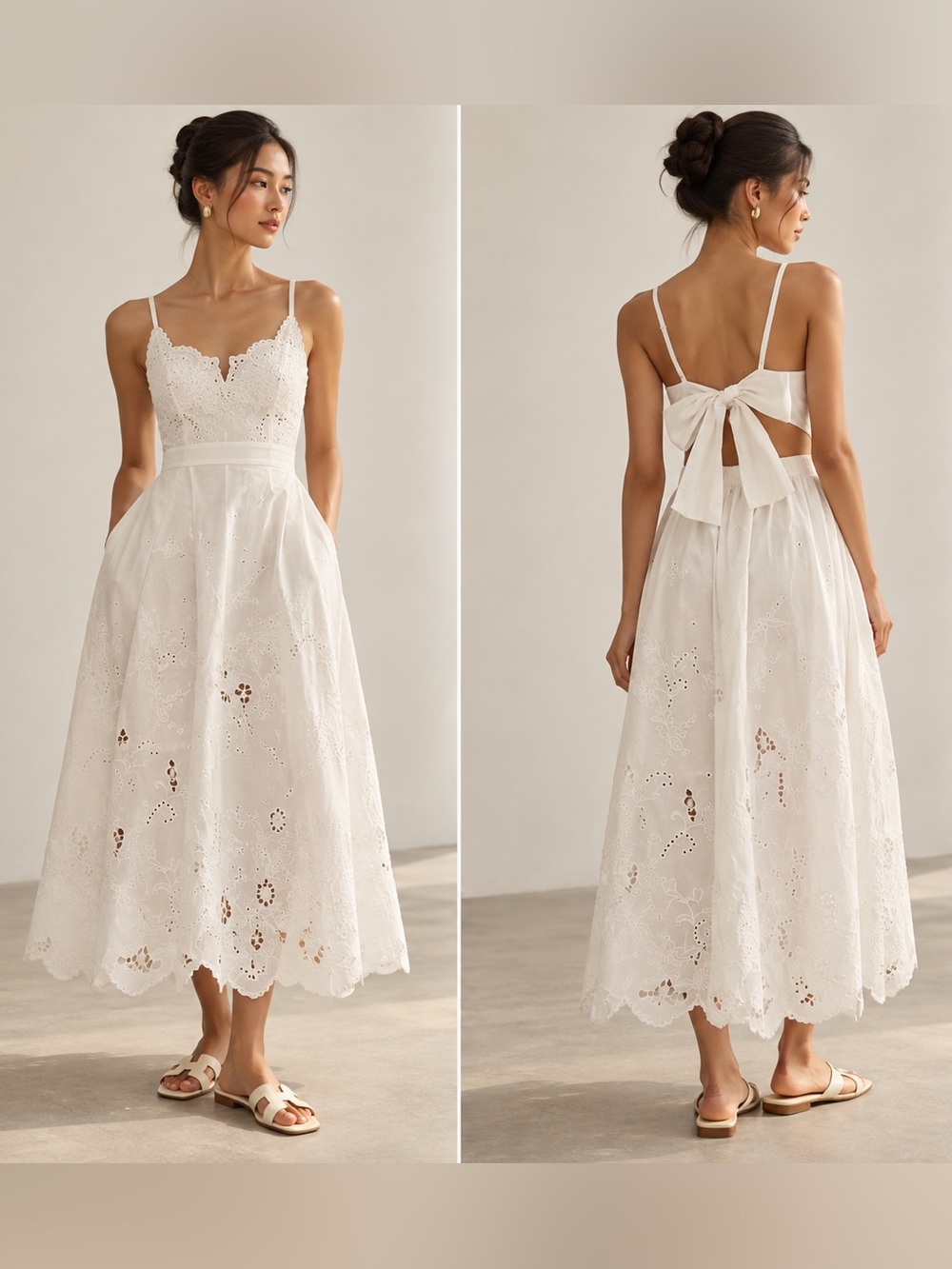 Anthropologie White Eyelet Lace Midi Dress with Bow Back Size XS